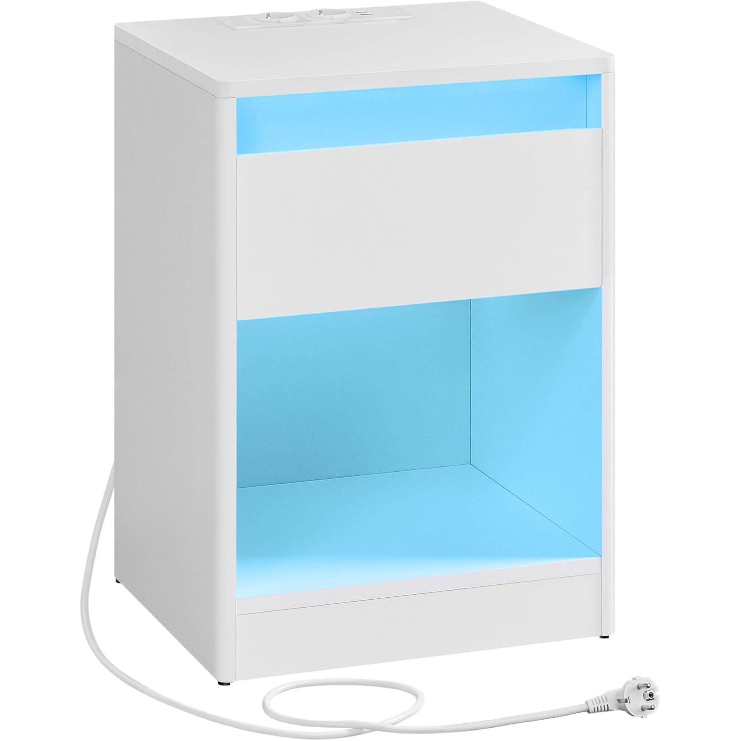 VASAGLE noptiera cu iluminare LED reglabila, 35x40x55 cm, 2 sertare, raft deschis, MDF si PAL, alb
