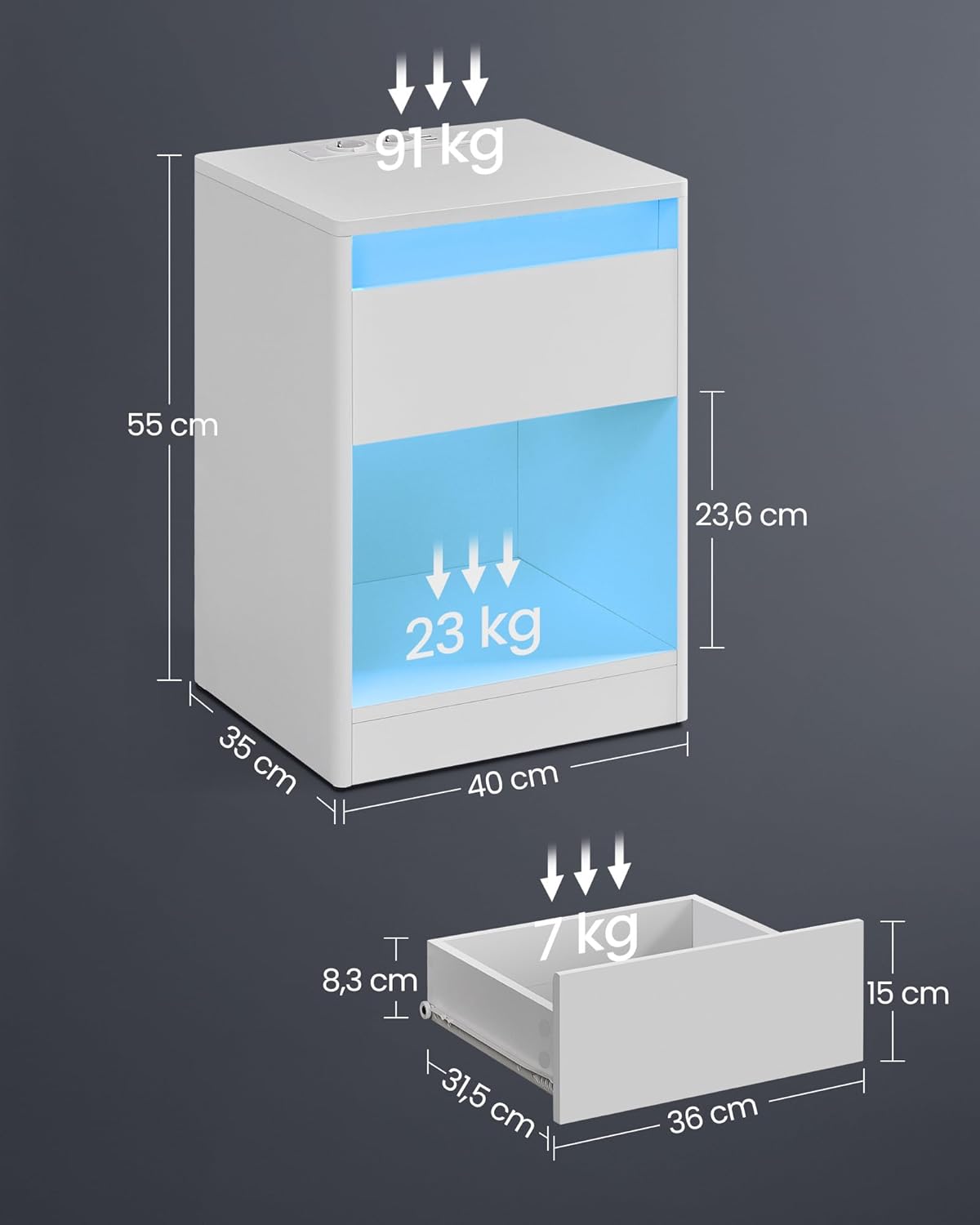 VASAGLE noptiera cu iluminare LED reglabila, 35x40x55 cm, 2 sertare, raft deschis, MDF si PAL, alb