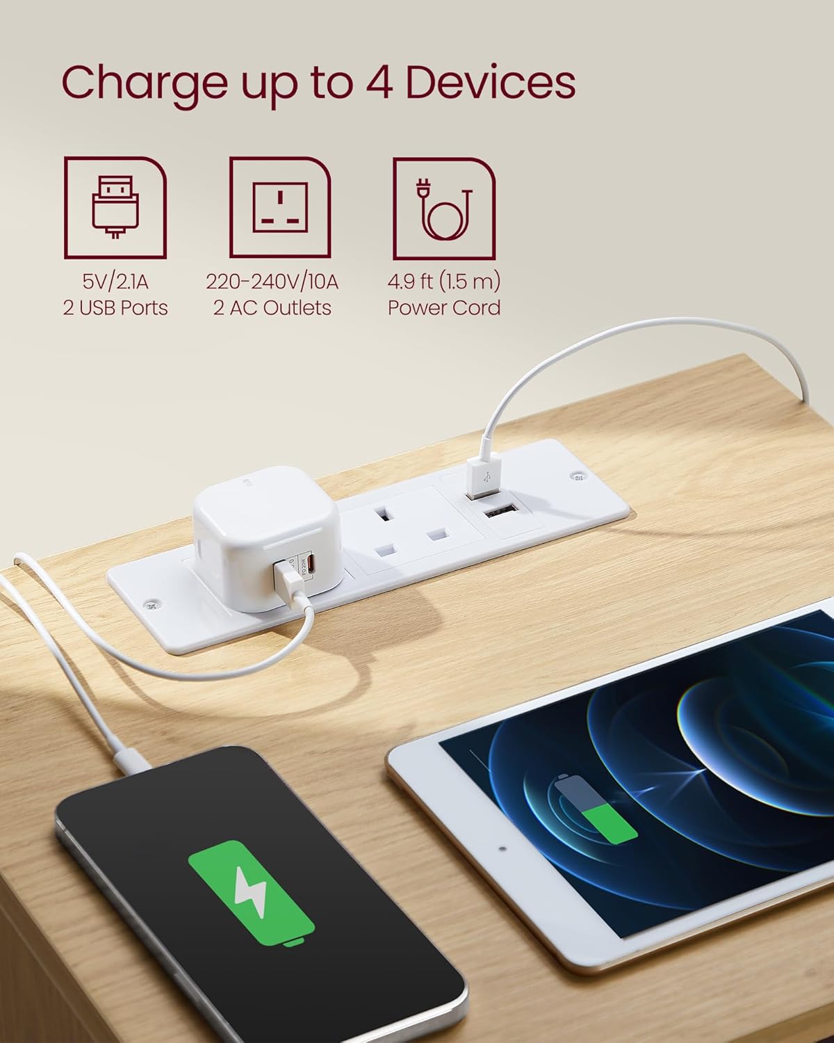 VASAGLE Noptiera Kailyn cu prize si USB integrate, 3 sertare, PAL, 40x35x59 cm, natur