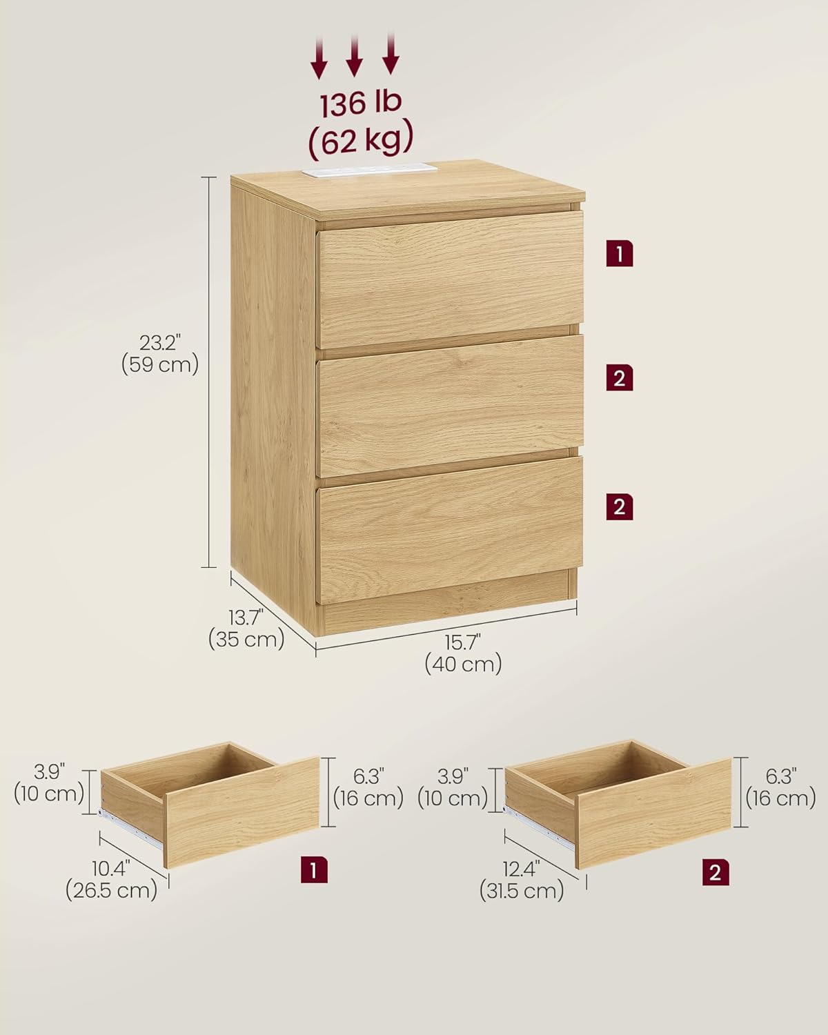 VASAGLE Noptiera Kailyn cu prize si USB integrate, 3 sertare, PAL, 40x35x59 cm, natur