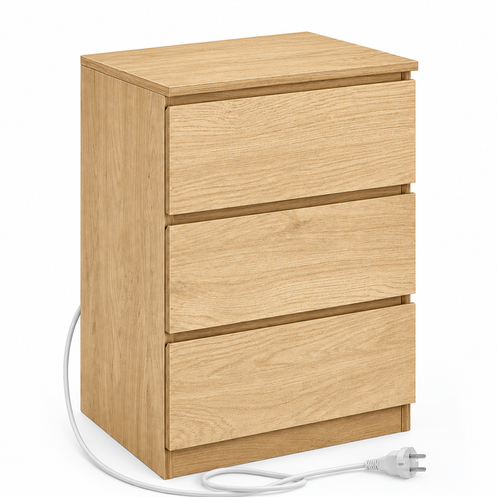 VASAGLE Noptiera Kailyn cu prize si USB integrate, 3 sertare, PAL, 40x35x59 cm, natur - BazarOltenia