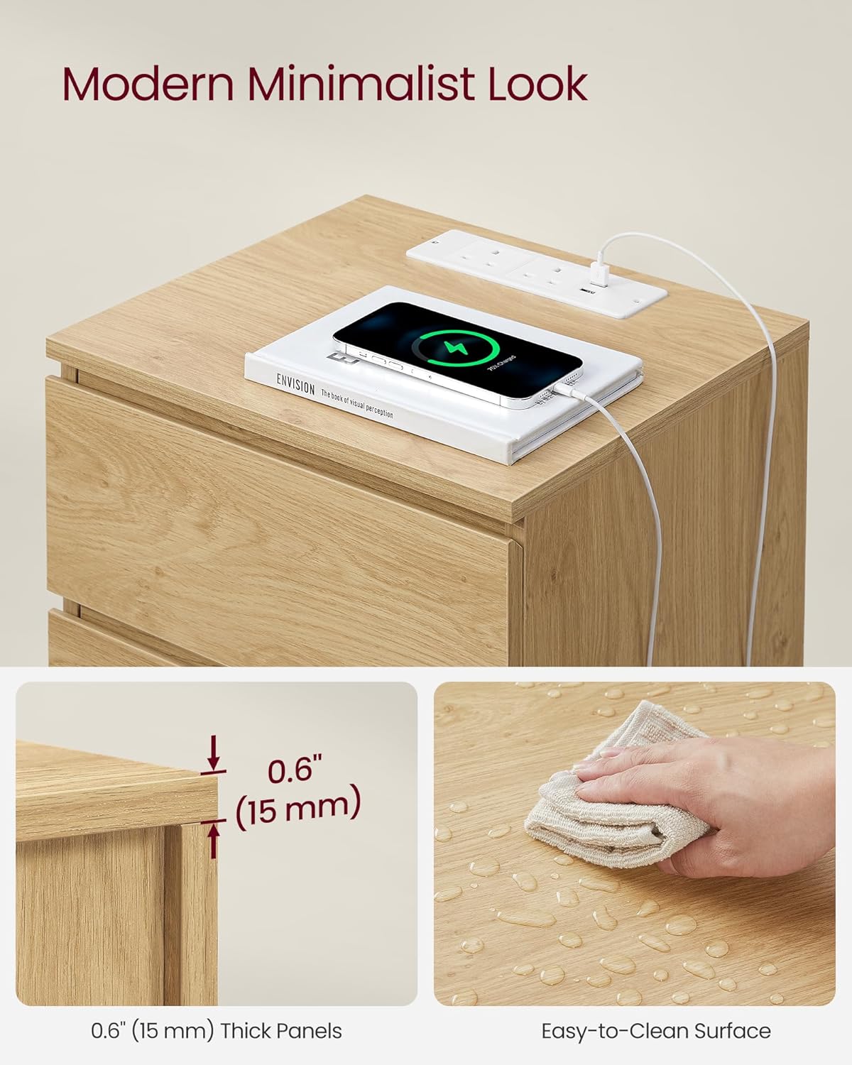 VASAGLE Noptiera Kailyn cu prize si USB integrate, 3 sertare, PAL, 40x35x59 cm, natur