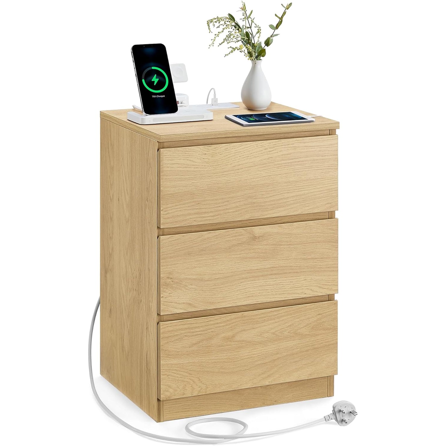 VASAGLE Noptiera Kailyn cu prize si USB integrate, 3 sertare, PAL, 40x35x59 cm, natur