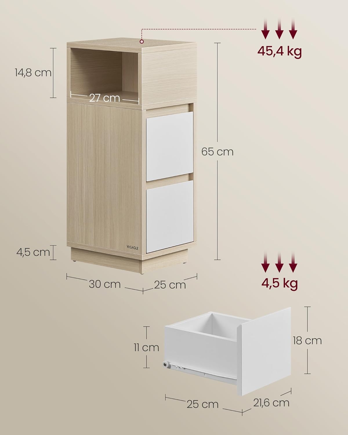 VASAGLE Noptiera ingusta cu 2 sertare, montaj stanga - dreapta, 30x25x65 cm, bej si alb