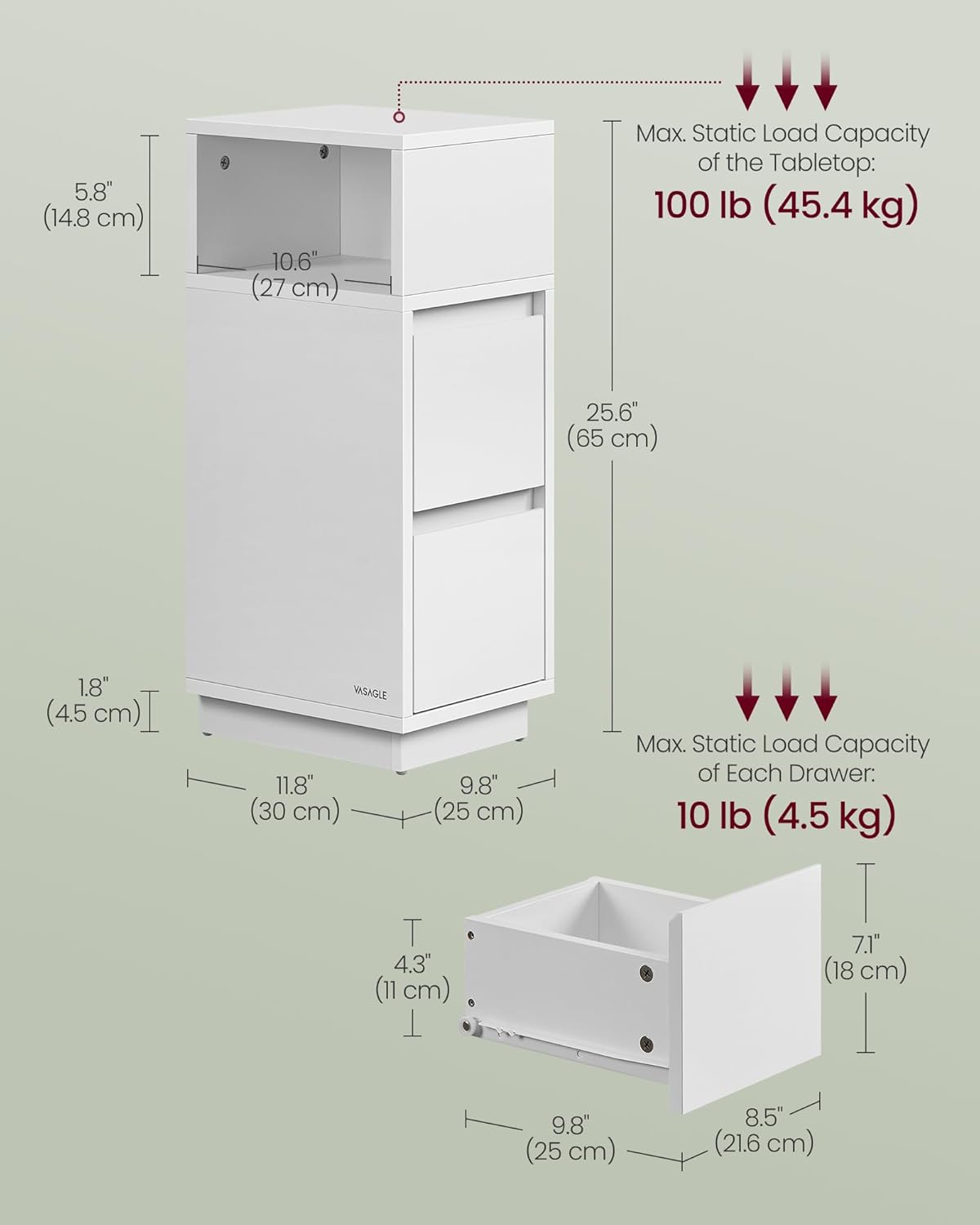 VASAGLE Noptiera ingusta cu 2 sertare, montaj stanga - dreapta, 30x25x65 cm, alb
