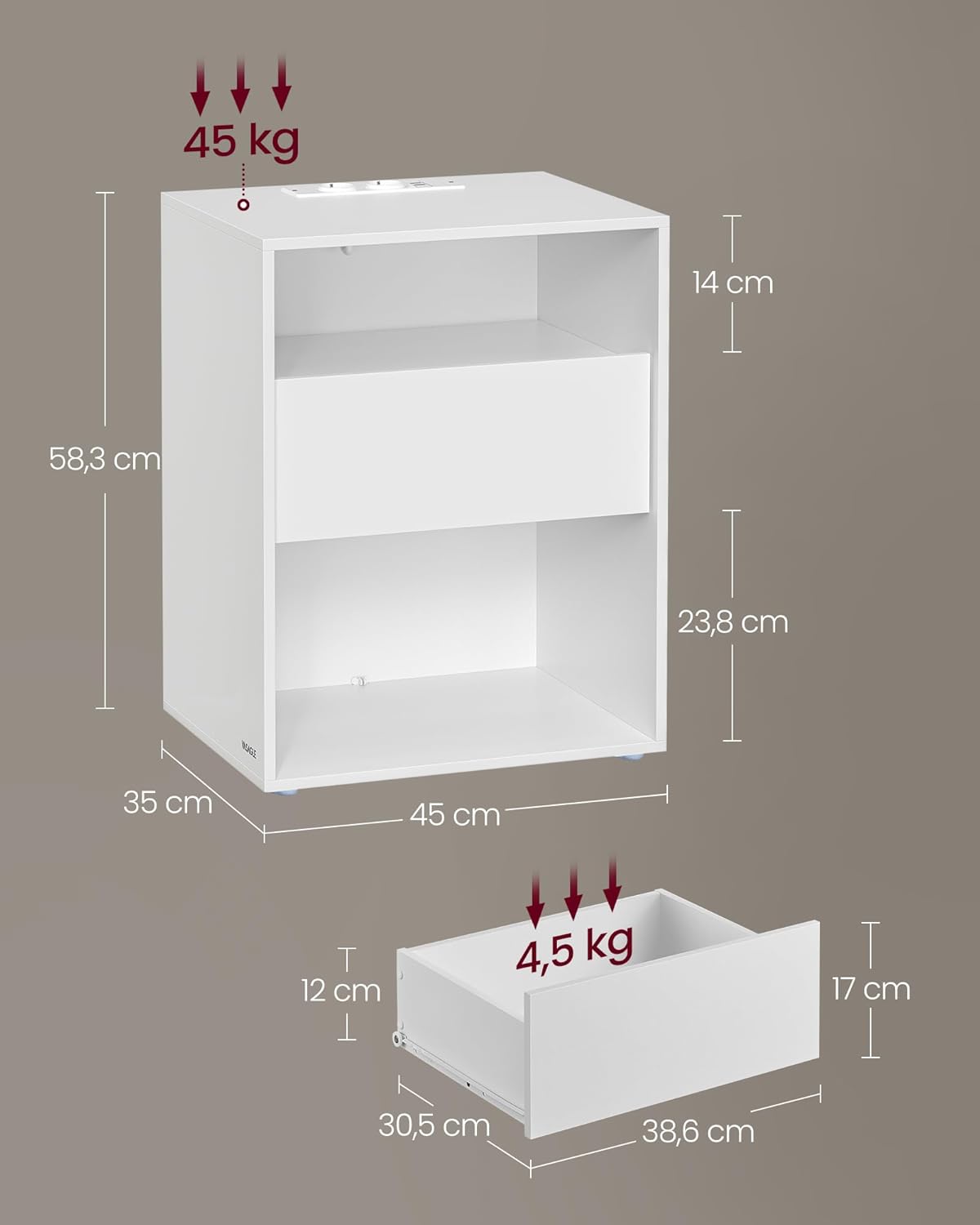 VASAGLE Set 2 noptiere cu porturi USB si prize, sertar si rafturi deschise, 45x35x58 cm, alb mat