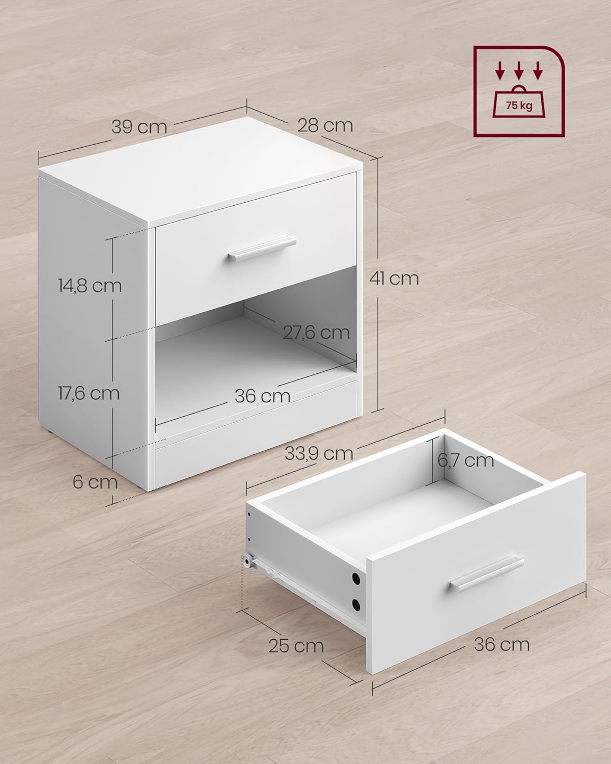 VASAGLE Set 2 noptiere, cu sertar si compartiment deschis, PAL, 28x39x41 cm, alb