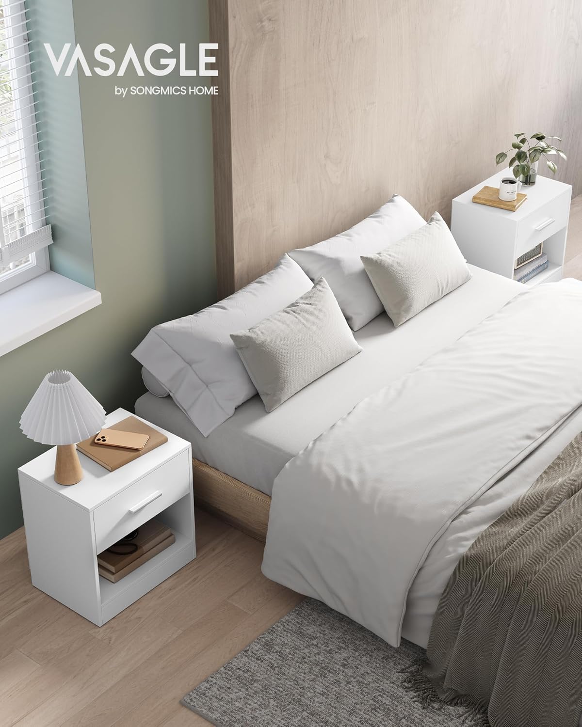 VASAGLE Set 2 noptiere, cu sertar si compartiment deschis, PAL, 28x39x41 cm, alb