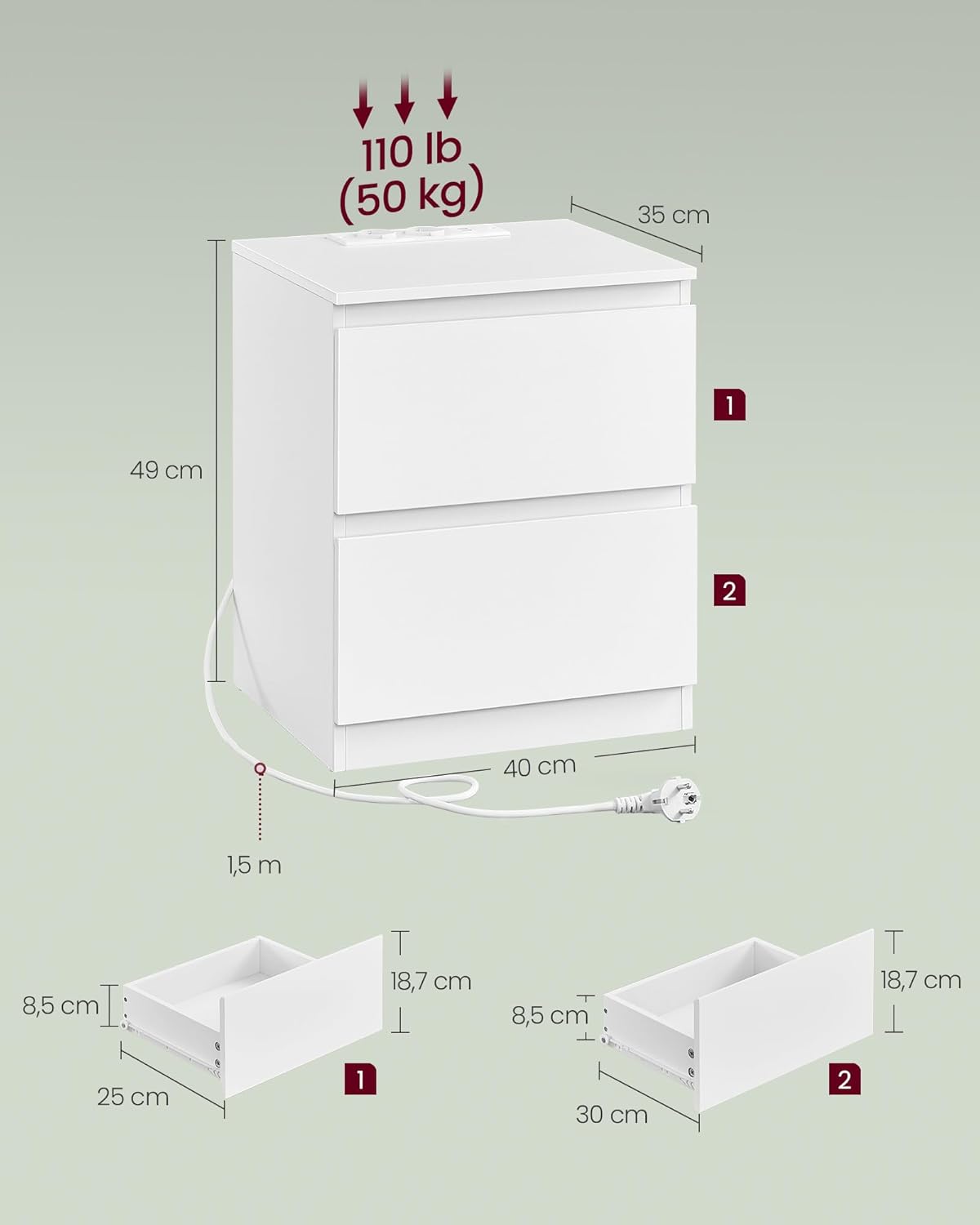VASAGLE Noptiera Kailyn cu 2 sertare, 2 prize integrate si 2 porturi USB, 40x35x49 cm, alb