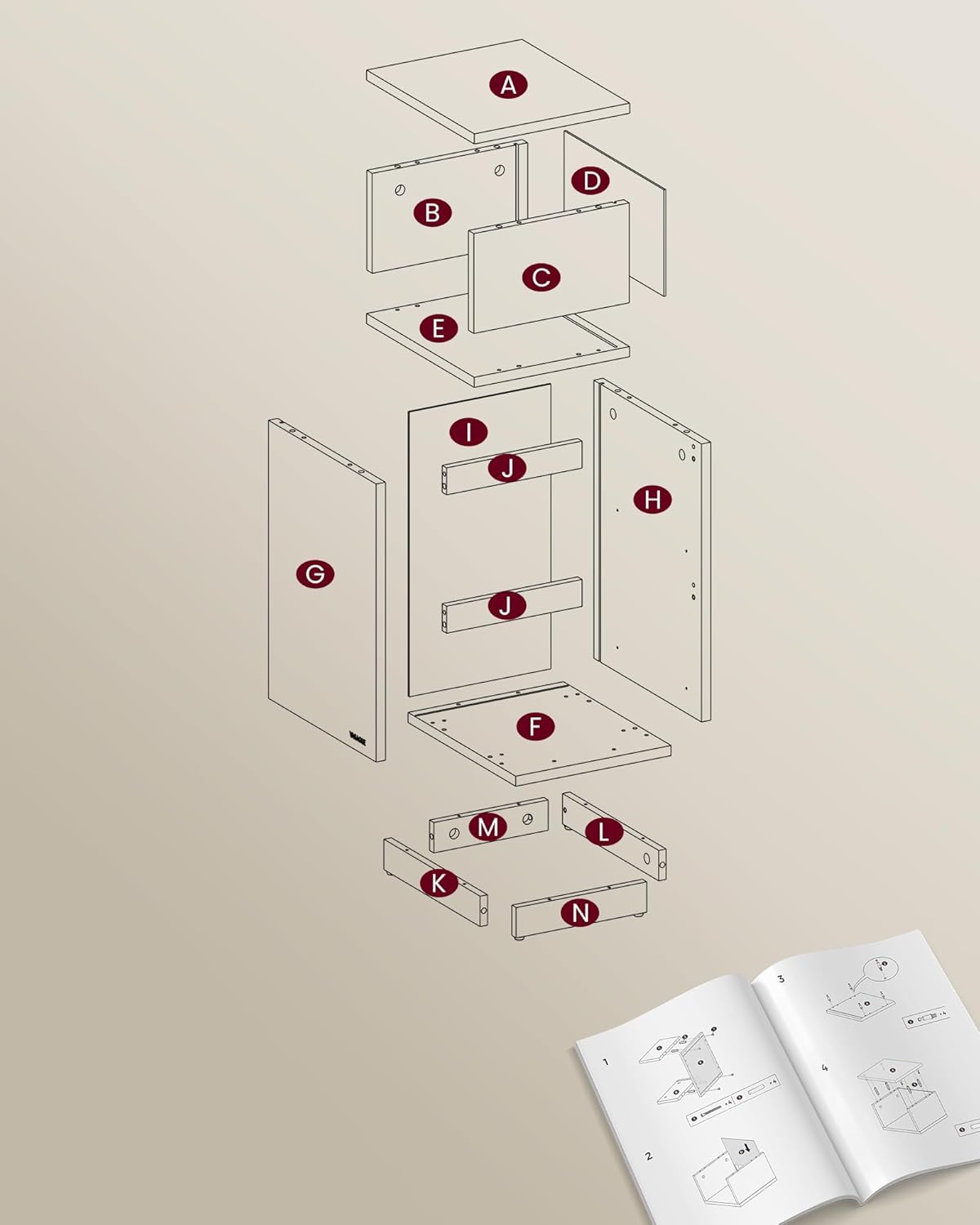 VASAGLE Set 2 noptiere inguste, cu 2 sertare si compartiment deschis, PAL si MDF, 30x25x65 cm, bej si alb