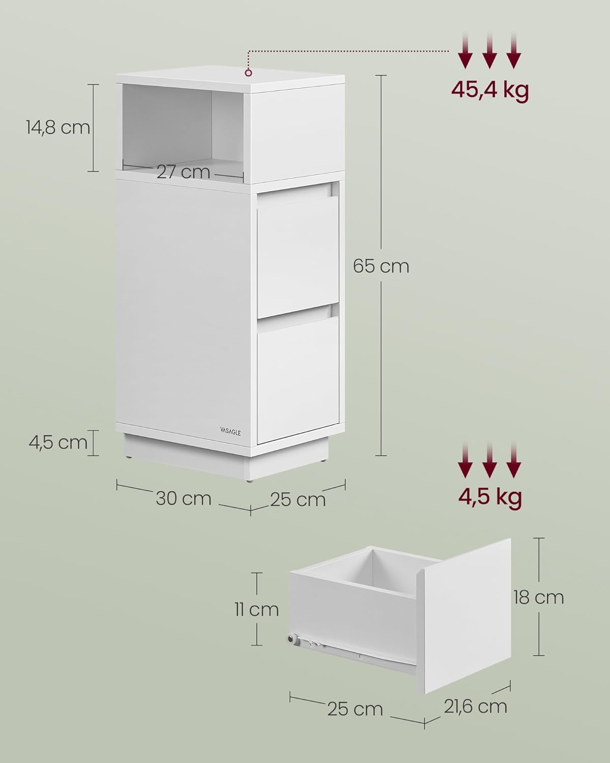 VASAGLE Set 2 noptiere inguste cu 2 sertare si compartiment deschis reversibil, PAL si MDF, 30x25x65 cm, alb