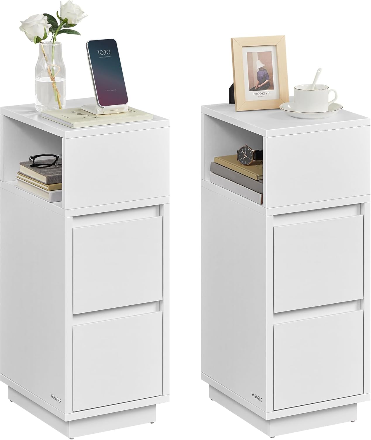 VASAGLE Set 2 noptiere inguste cu 2 sertare si compartiment deschis reversibil, PAL si MDF, 30x25x65 cm, alb