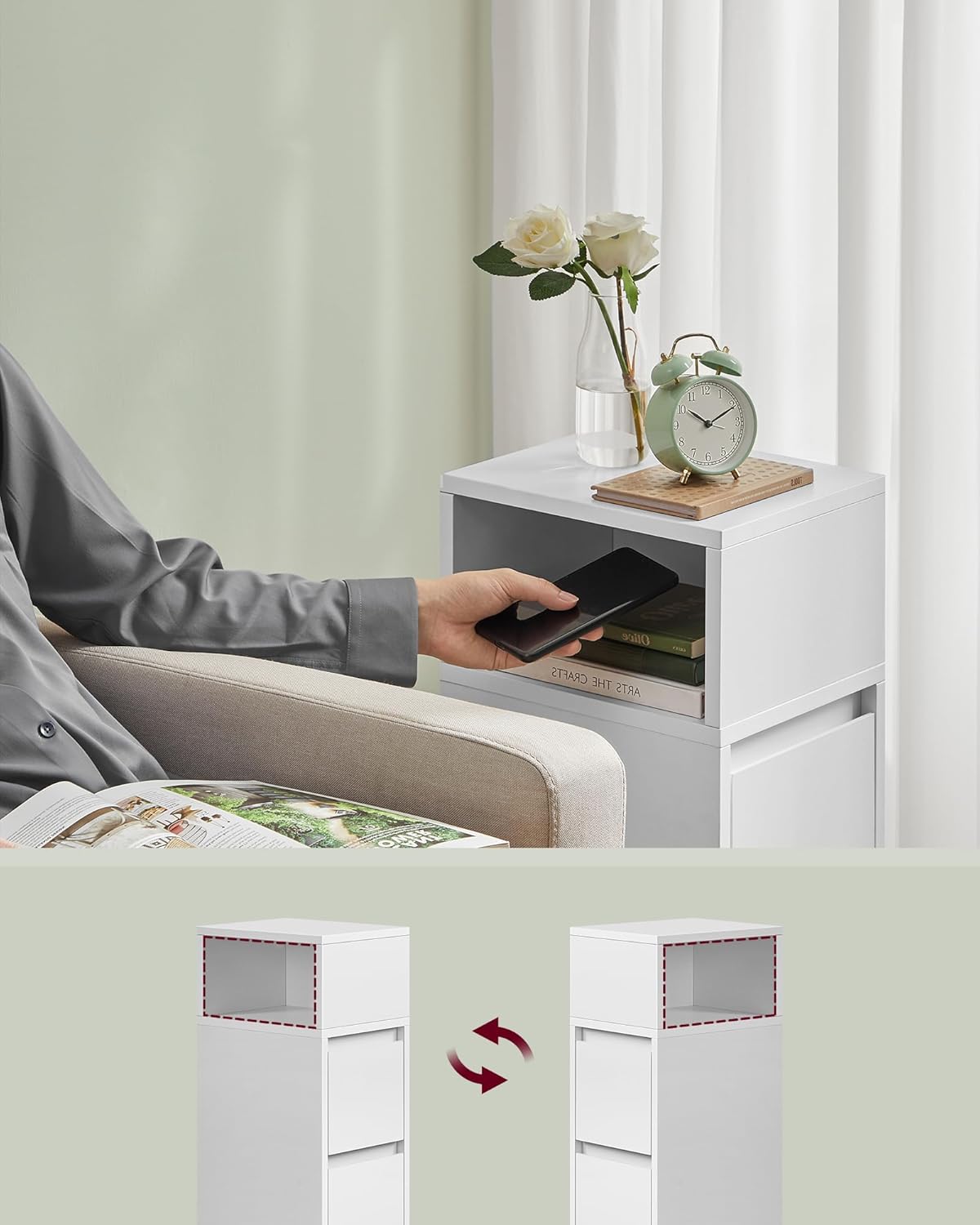 VASAGLE Set 2 noptiere inguste cu 2 sertare si compartiment deschis reversibil, PAL si MDF, 30x25x65 cm, alb