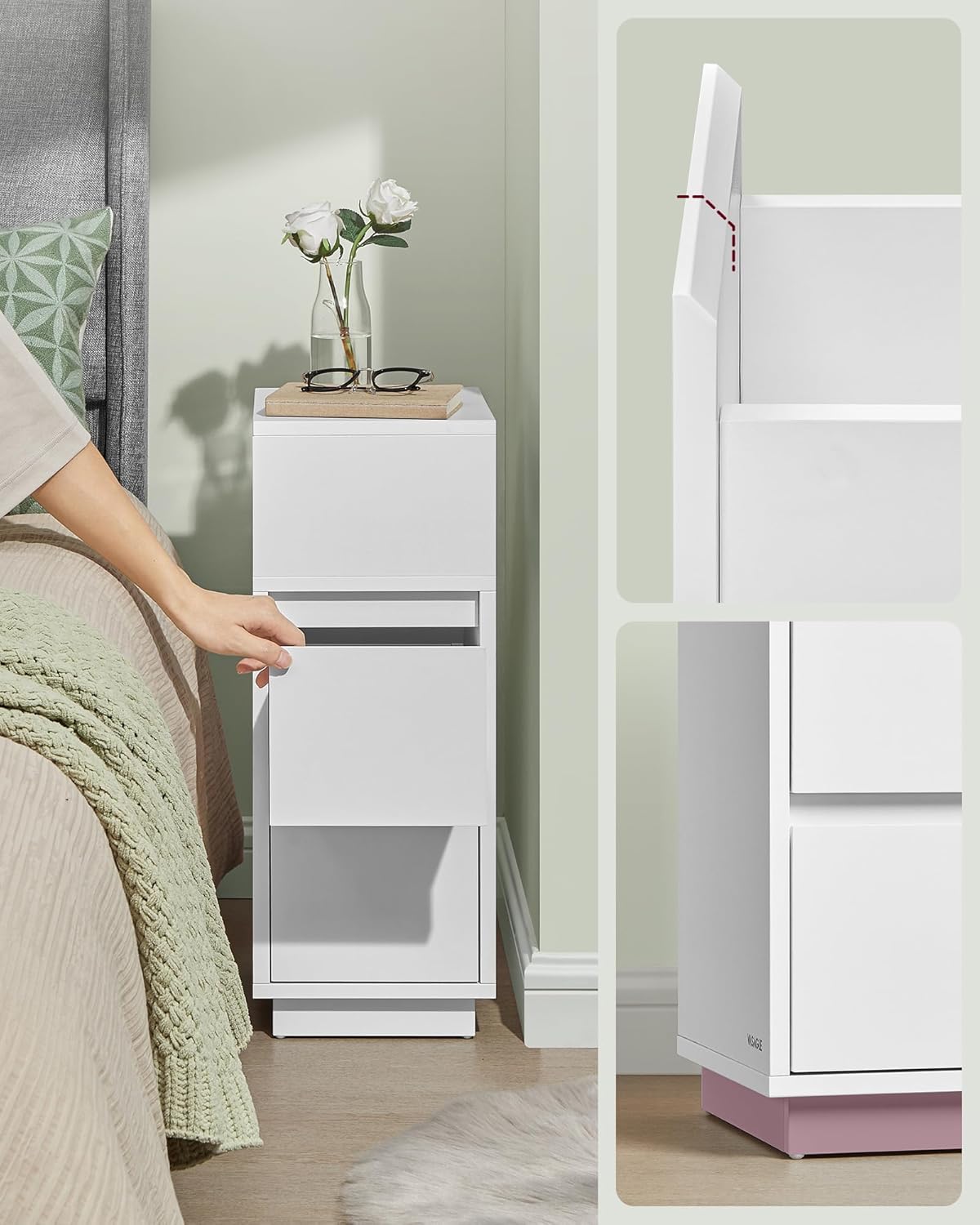 VASAGLE Set 2 noptiere inguste cu 2 sertare si compartiment deschis reversibil, PAL si MDF, 30x25x65 cm, alb