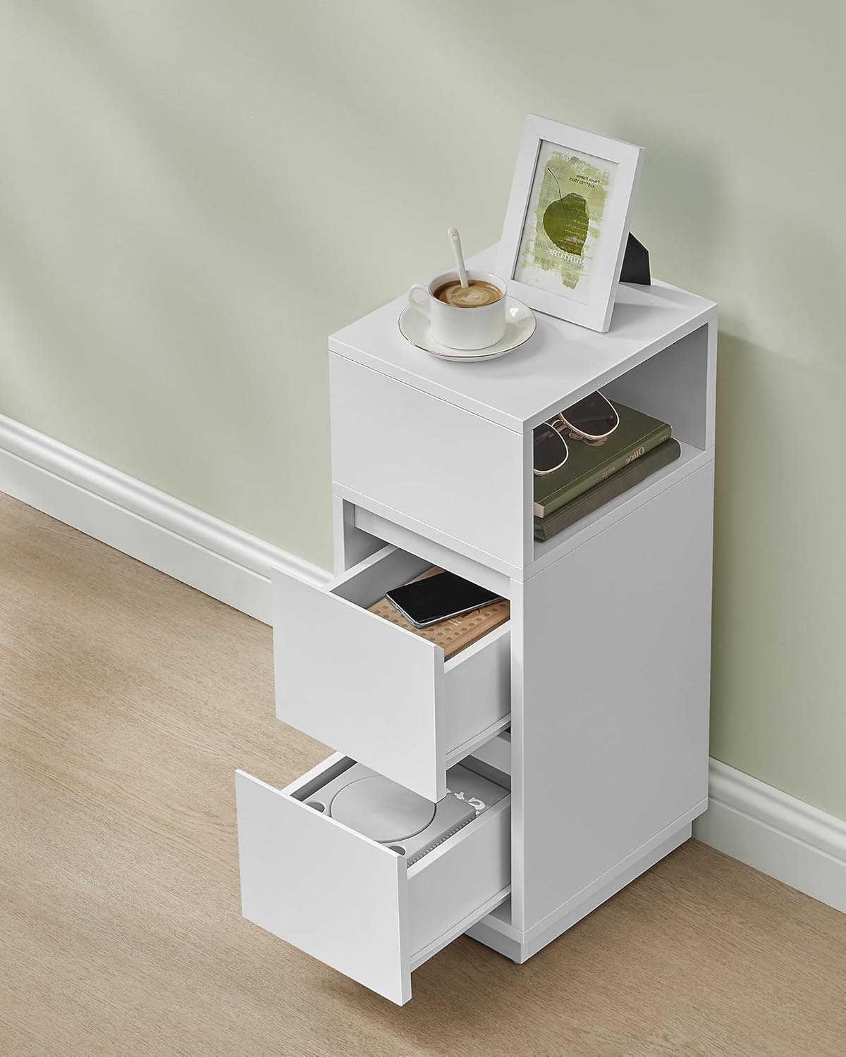VASAGLE Set 2 noptiere inguste cu 2 sertare si compartiment deschis reversibil, PAL si MDF, 30x25x65 cm, alb