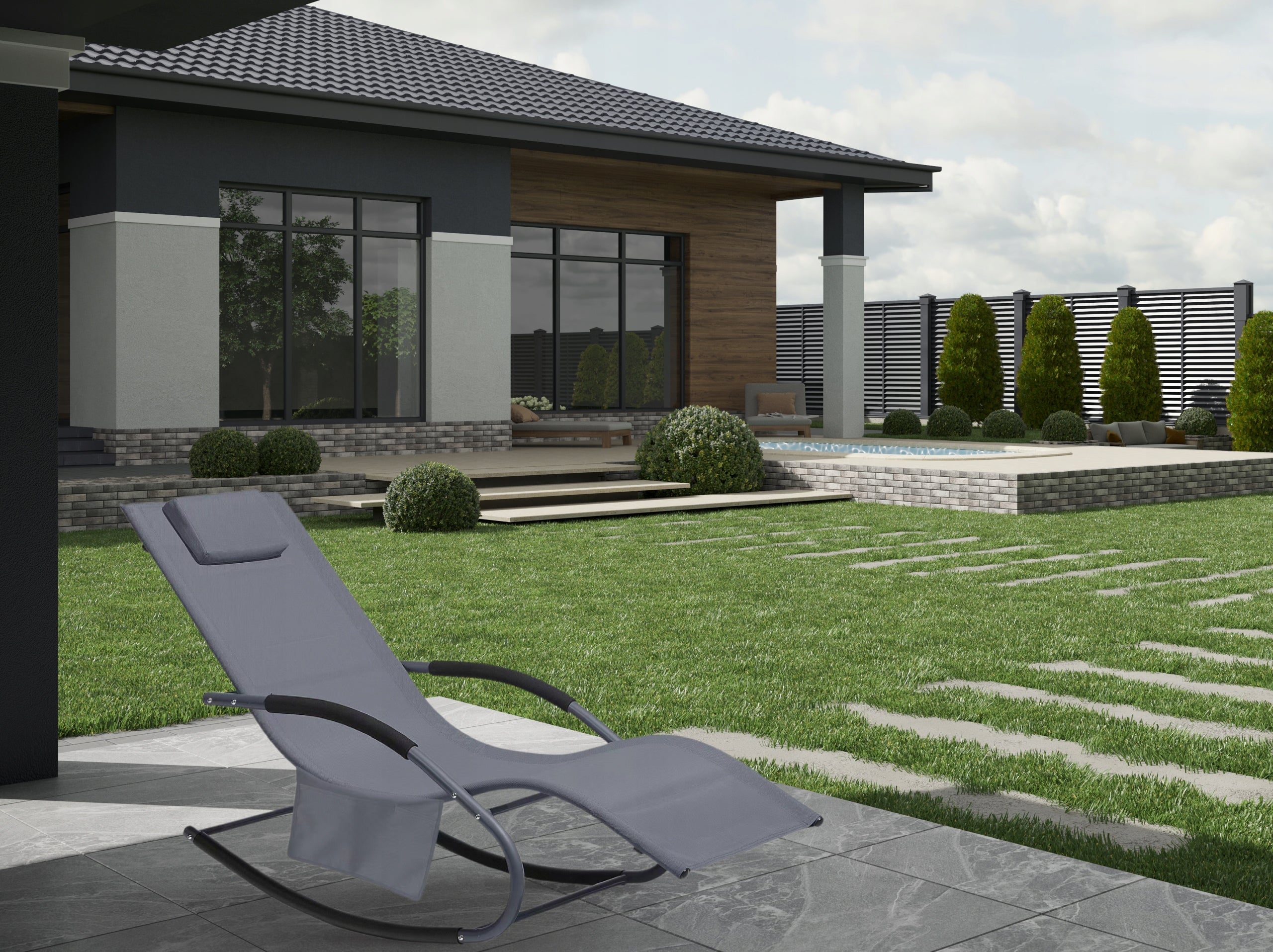 Leagan tip sezlong pentru gradina 148x63x87 cm, structura otel, textilen, design ergonomic, gri inchis