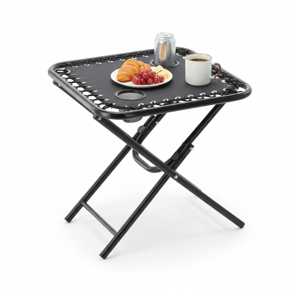 Masa turistica pliabila pentru camping, cu suport pahare, 50x50x50 cm, negru