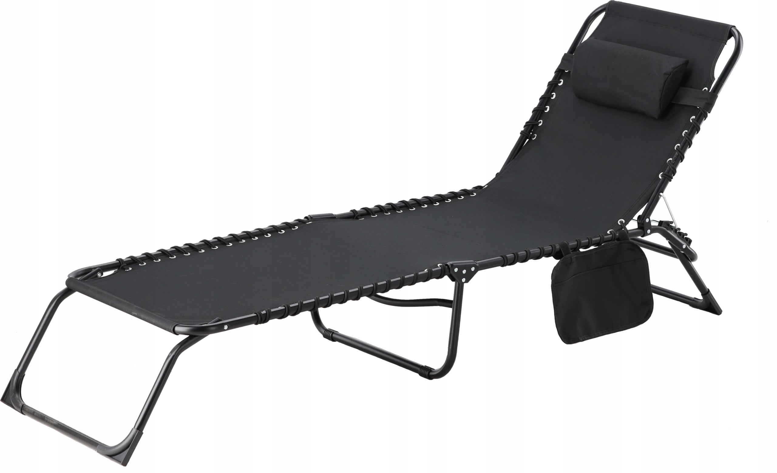 Sezlong pliabil 190x58x30 cm, cu spatar reglabil, perna si buzunar lateral, cadru metalic, negru