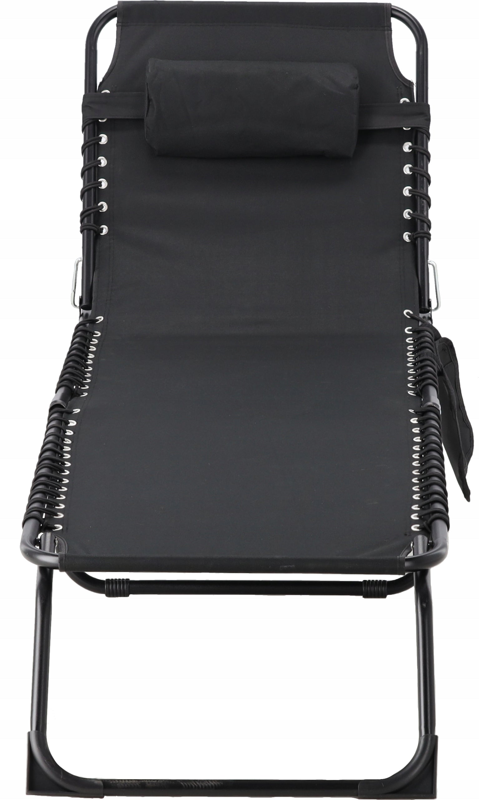 Sezlong pliabil 190x58x30 cm, cu spatar reglabil, perna si buzunar lateral, cadru metalic, negru