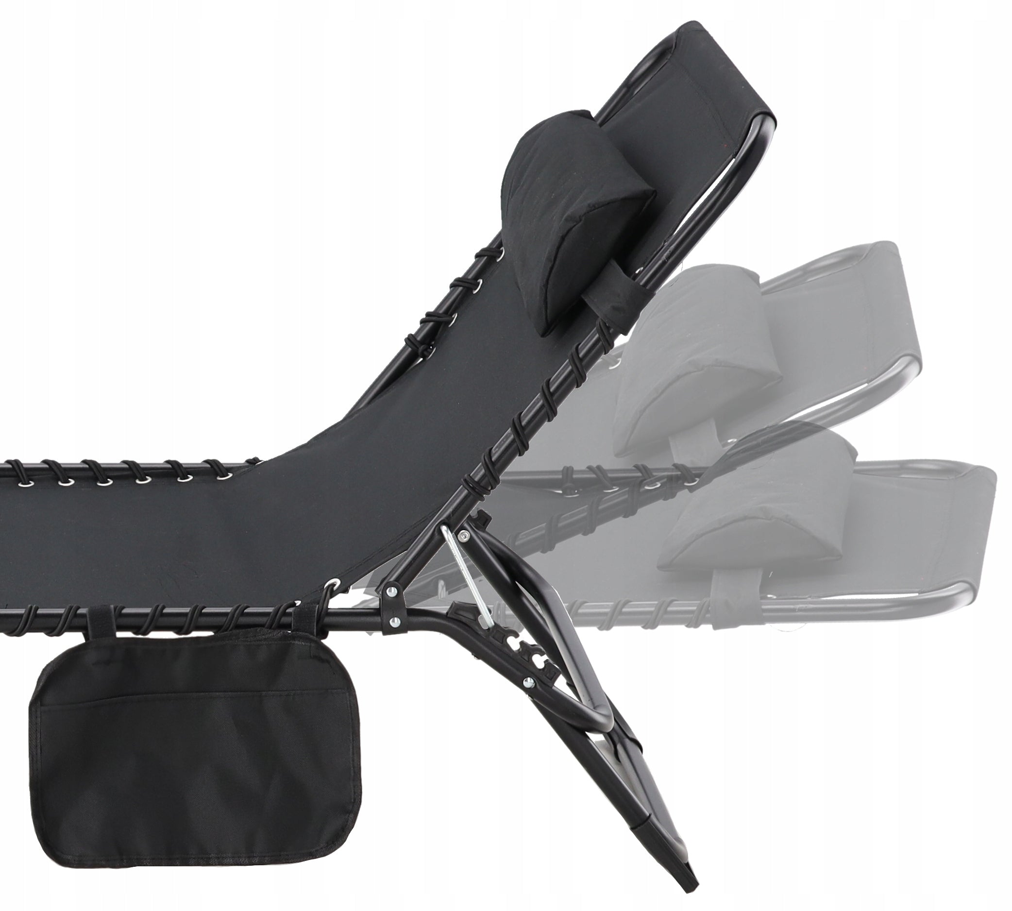 Sezlong pliabil 190x58x30 cm, cu spatar reglabil, perna si buzunar lateral, cadru metalic, negru