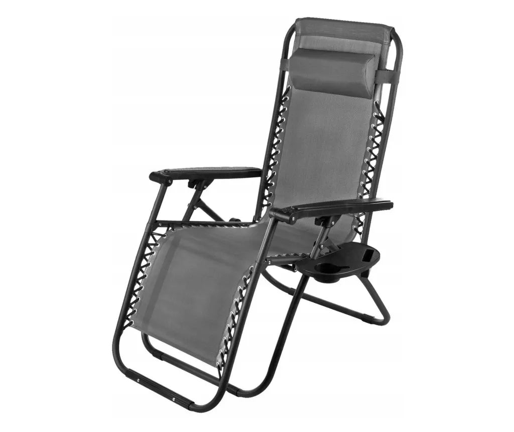 Sezlong pliabil cu suport si buzunar lateral, tetiera reglabila, textilene, 65x90x110 cm, gri