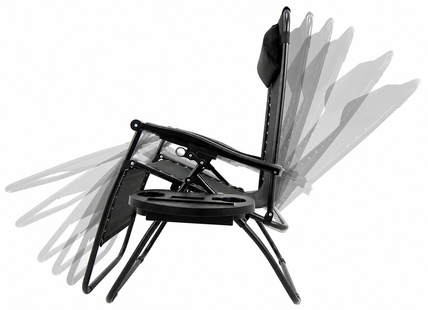 Sezlong pliant cu suport pahar, buzunar si perna, textilene, maxim 120 kg, 65x90x110 cm, negru