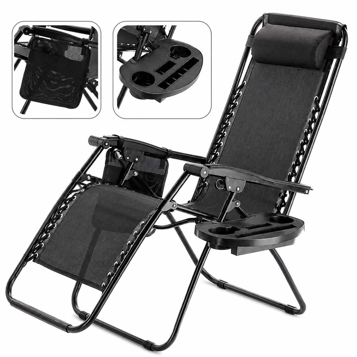 Sezlong pliant cu suport pahar, buzunar si perna, textilene, maxim 120 kg, 65x90x110 cm, negru