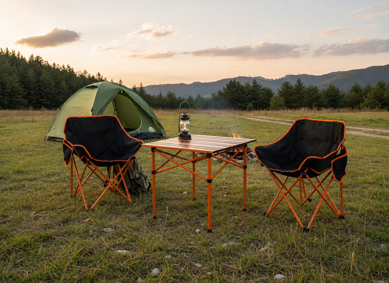 Set camping pliabil masa si 2 scaune, cadru otel, material Oxford 600D, 55x47x66 cm, negru