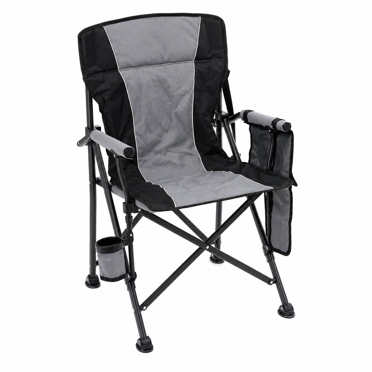 Scaun turistic pliabil cu incalzire, suport pahar, buzunar powerbank, maxim 120 kg, 58x58x90 cm, negru