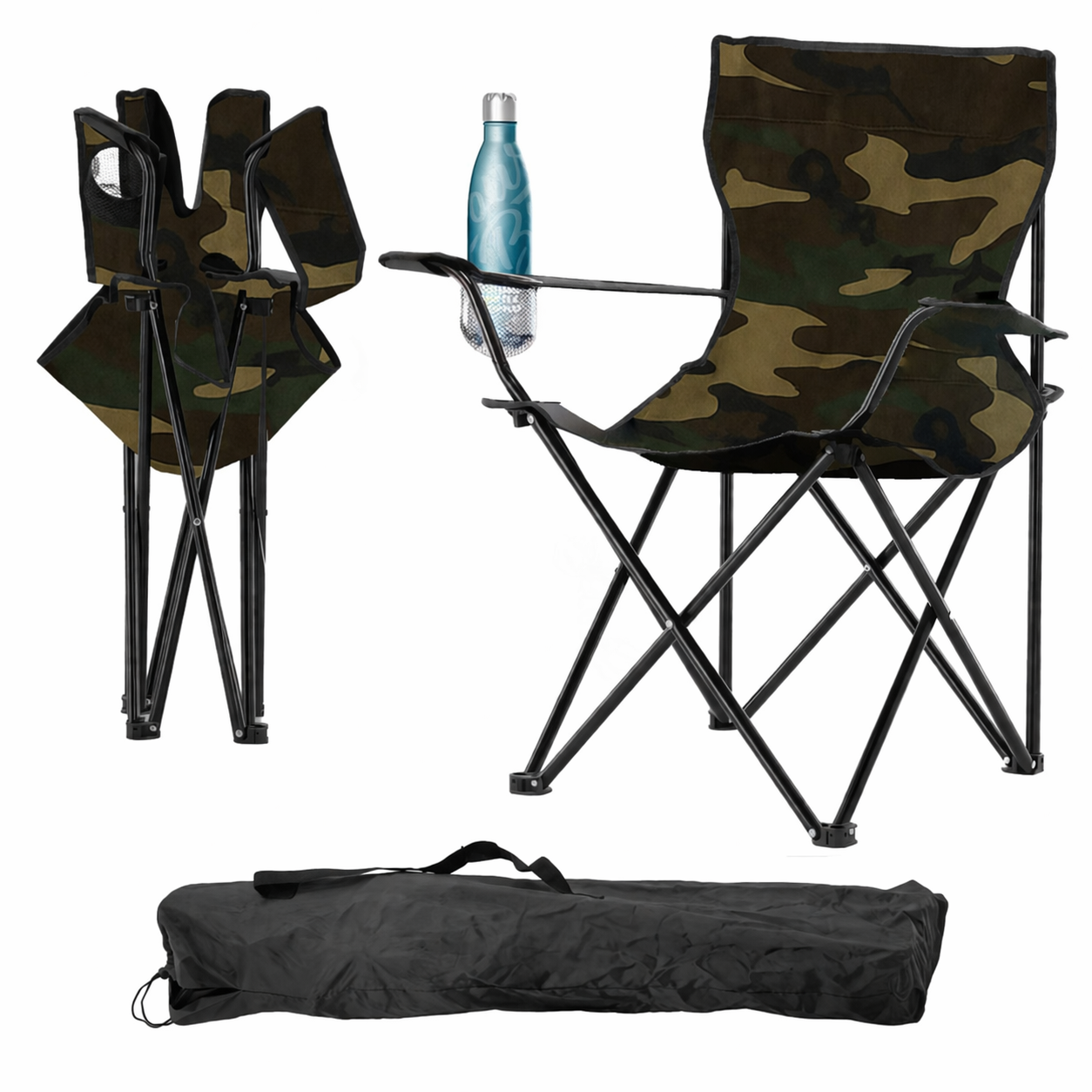 Scaun pliabil camping pescuit cu suport pahar, structura metalica, 50x50x80 cm, maxim 120 kg, camuflaj