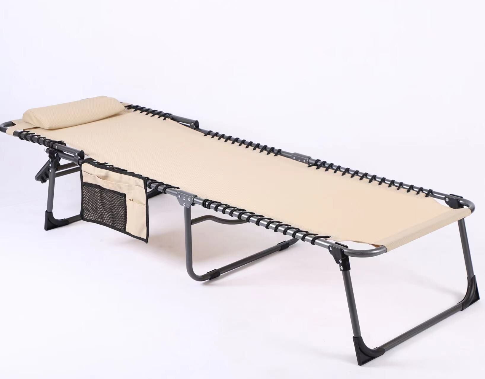 Sezlong pliabil 190x58x30 cm, cu spatar reglabil, perna si buzunar lateral, cadru metalic, crem
