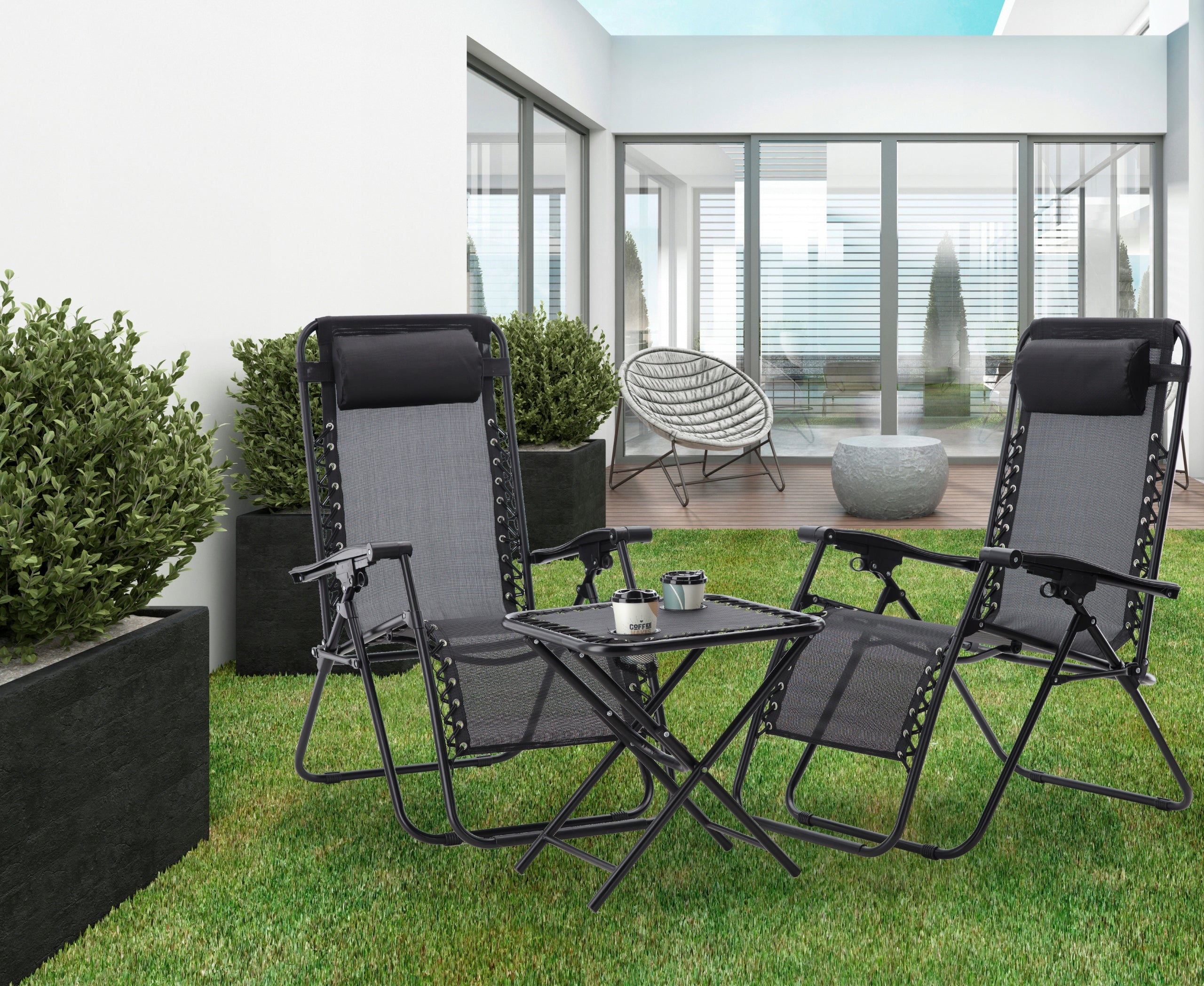 Set 2 sezlonguri pliabile 90x65x110 cm cu masuta 50x50x50 cm, textilene si cadru metalic, negru