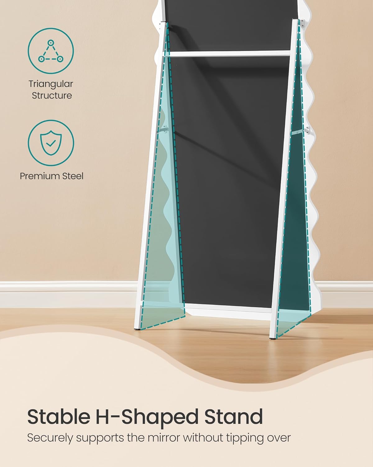 SONGMICS Oglinda de podea ondulata 160x50 cm, rama MDF cu suport, alb
