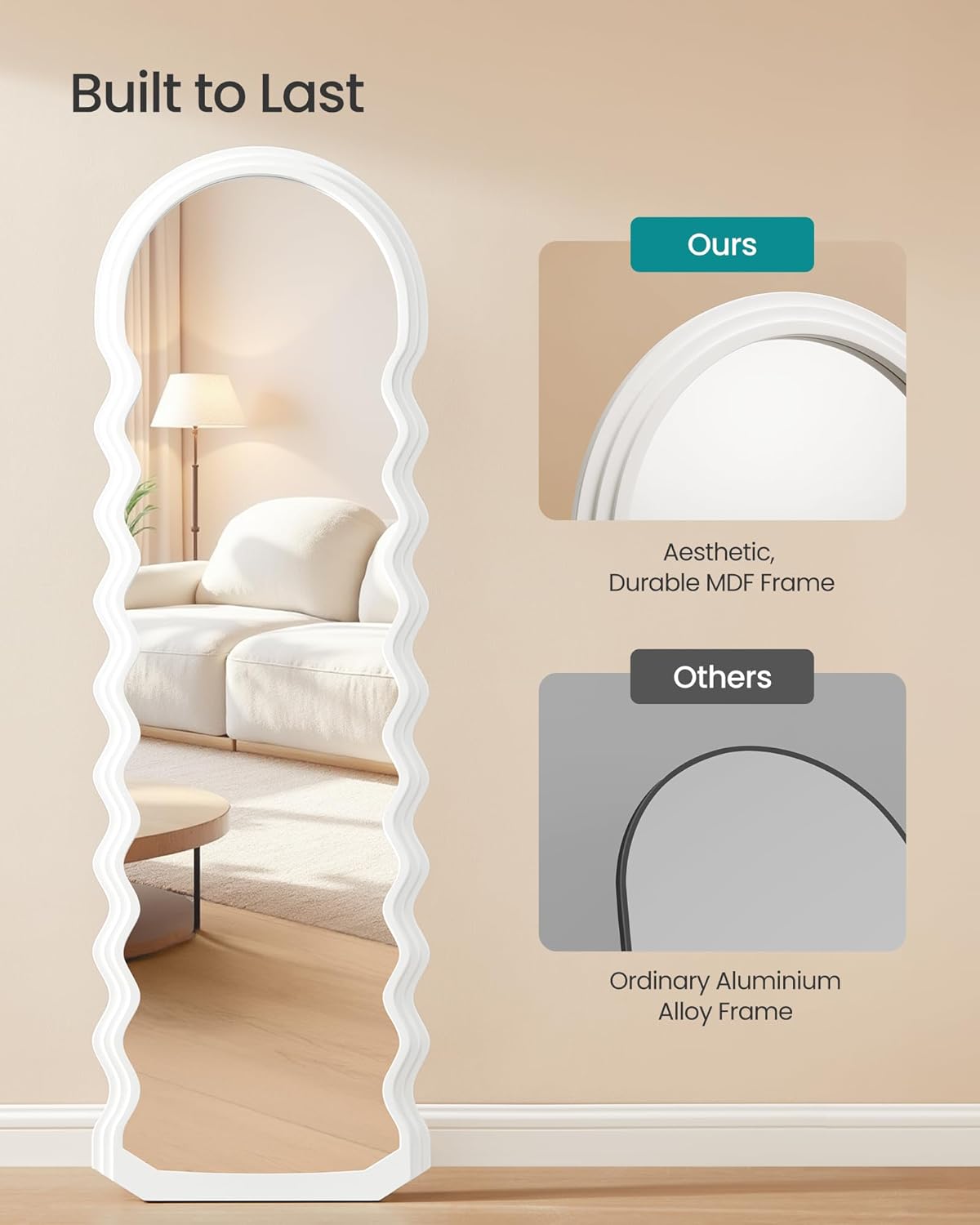 SONGMICS Oglinda de podea ondulata 160x50 cm, rama MDF cu suport, alb