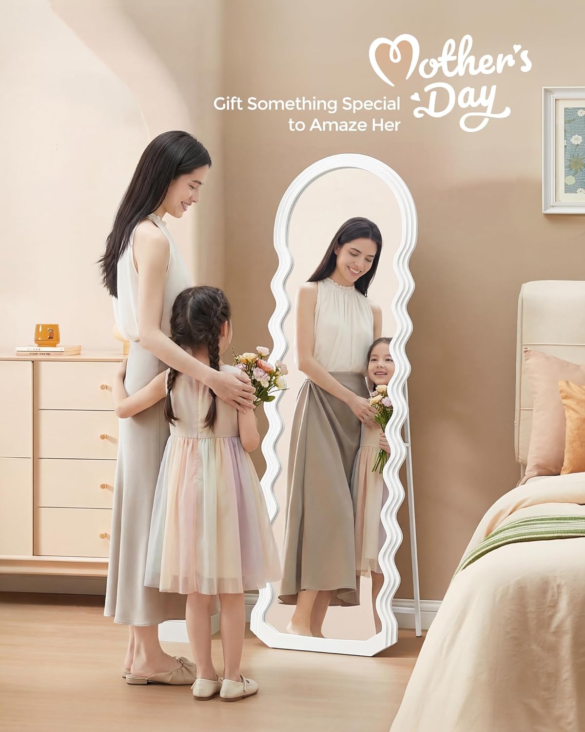 SONGMICS Oglinda de podea ondulata 160x50 cm, rama MDF cu suport, alb