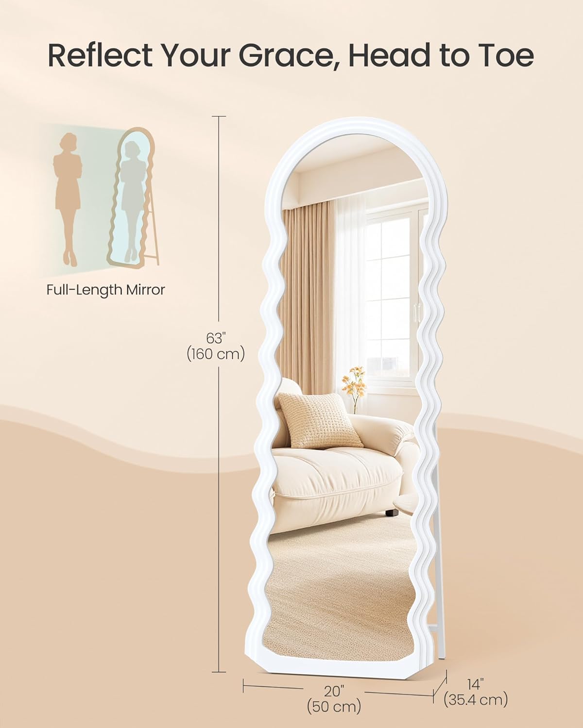 SONGMICS Oglinda de podea ondulata 160x50 cm, rama MDF cu suport, alb