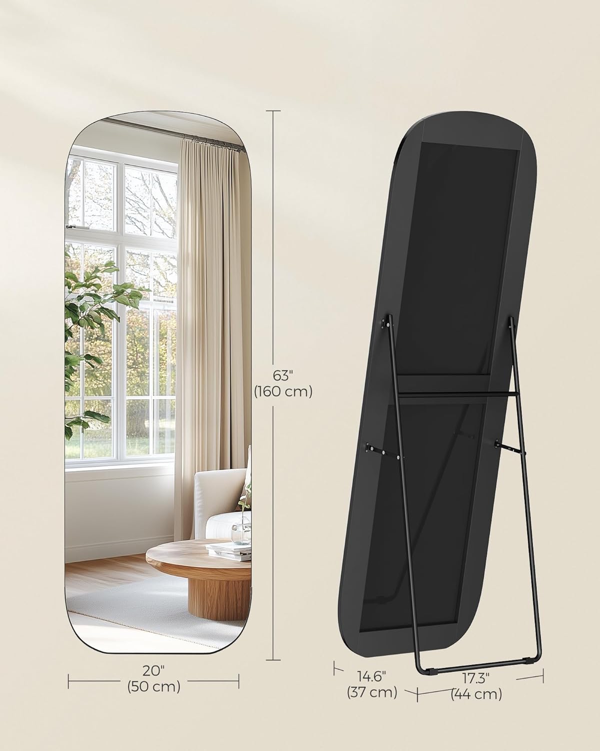 SONGMICS Oglinda podea cu colturi rotunjite, rama aluminiu, sticla securizata, 160x50 cm, negru