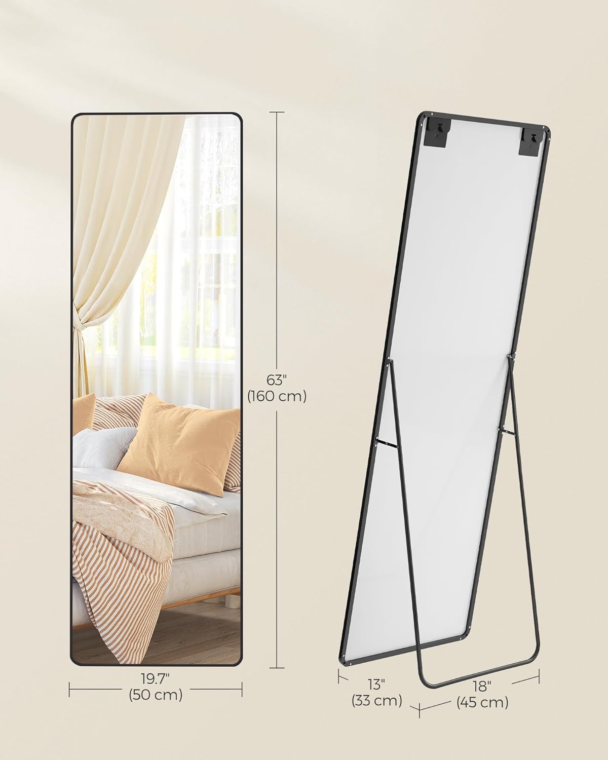 SONGMICS Oglinda podea 160x50 cm, sticla securizata, cadru aluminiu, negru