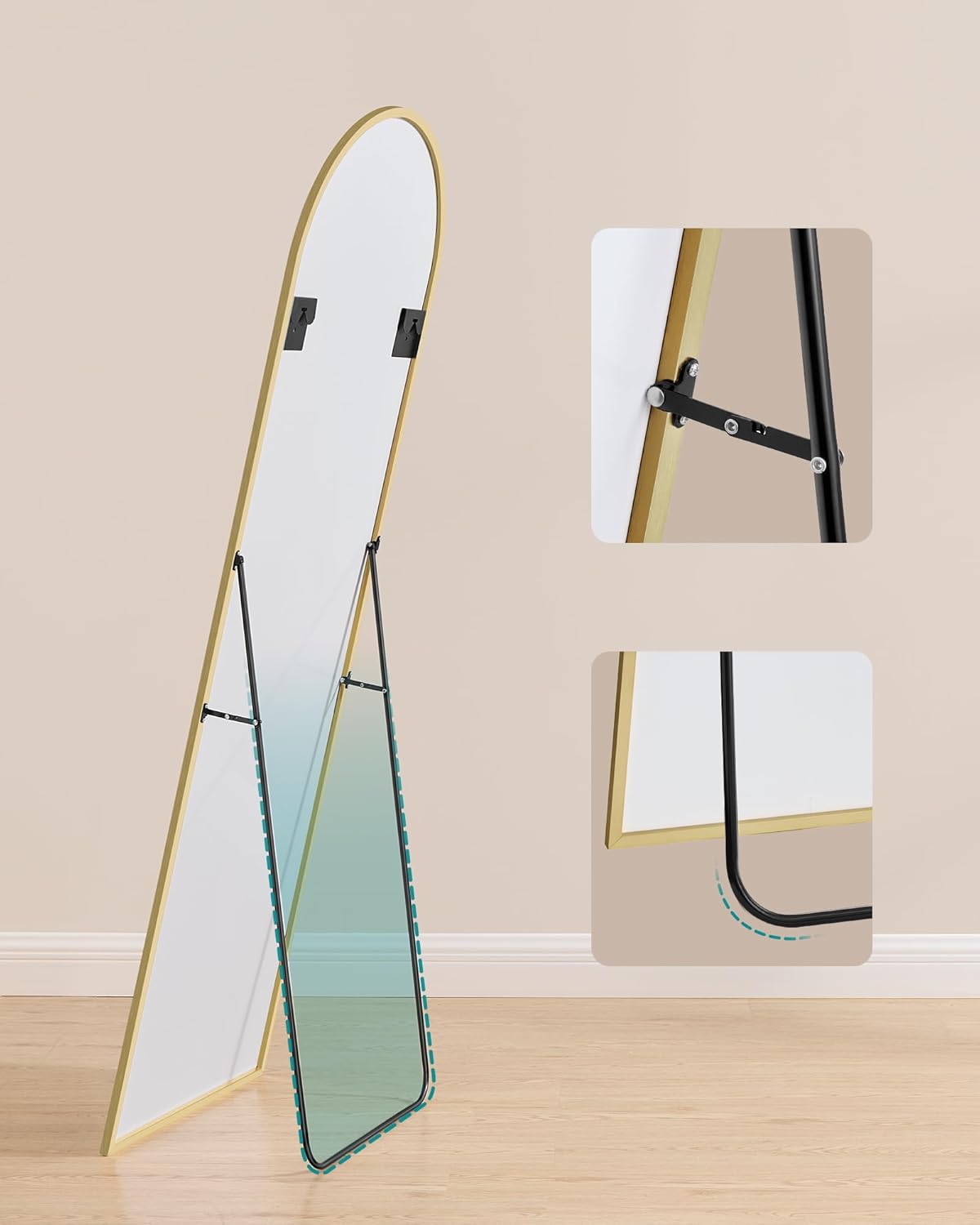 SONGMICS Oglinda podea, cu rama aluminiu si sticla securizata, design curbat, 160x50 cm, auriu