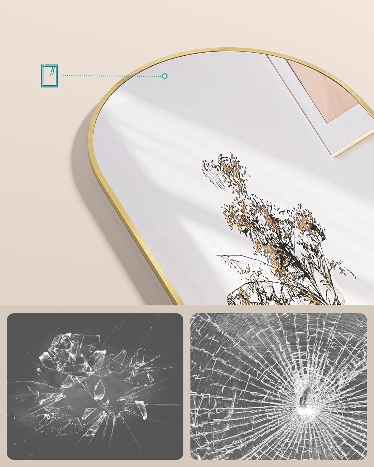 SONGMICS Oglinda podea, cu rama aluminiu si sticla securizata, design curbat, 160x50 cm, auriu