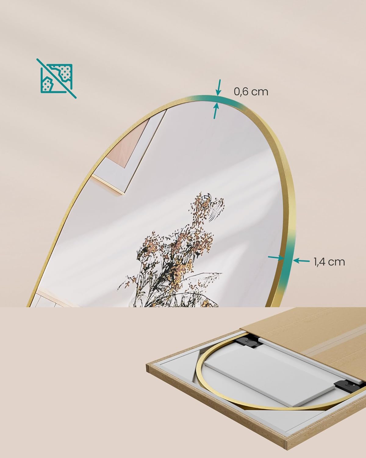 SONGMICS Oglinda podea, cu rama aluminiu si sticla securizata, design curbat, 160x50 cm, auriu