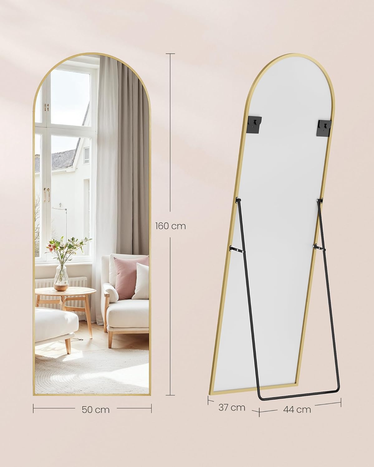 SONGMICS Oglinda podea, cu rama aluminiu si sticla securizata, design curbat, 160x50 cm, auriu