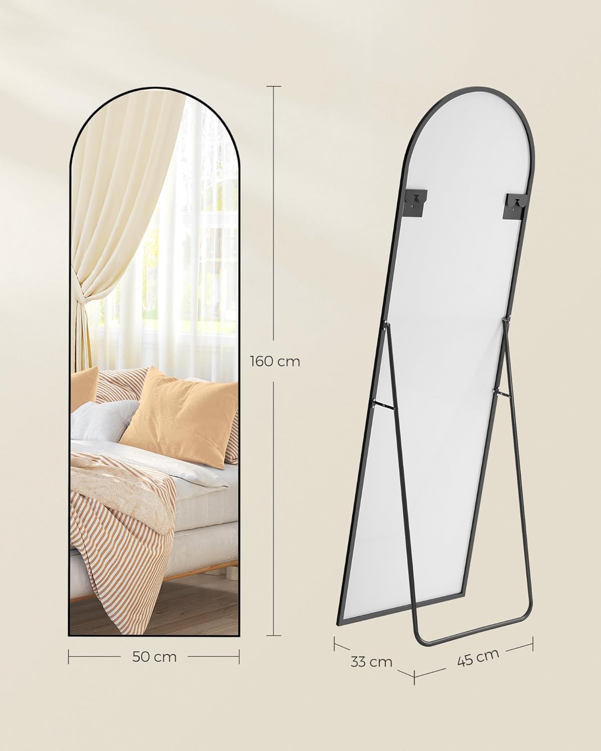 SONGMICS Oglinda podea, cu rama aluminiu si sticla securizata, design curbat, 160x50 cm, negru
