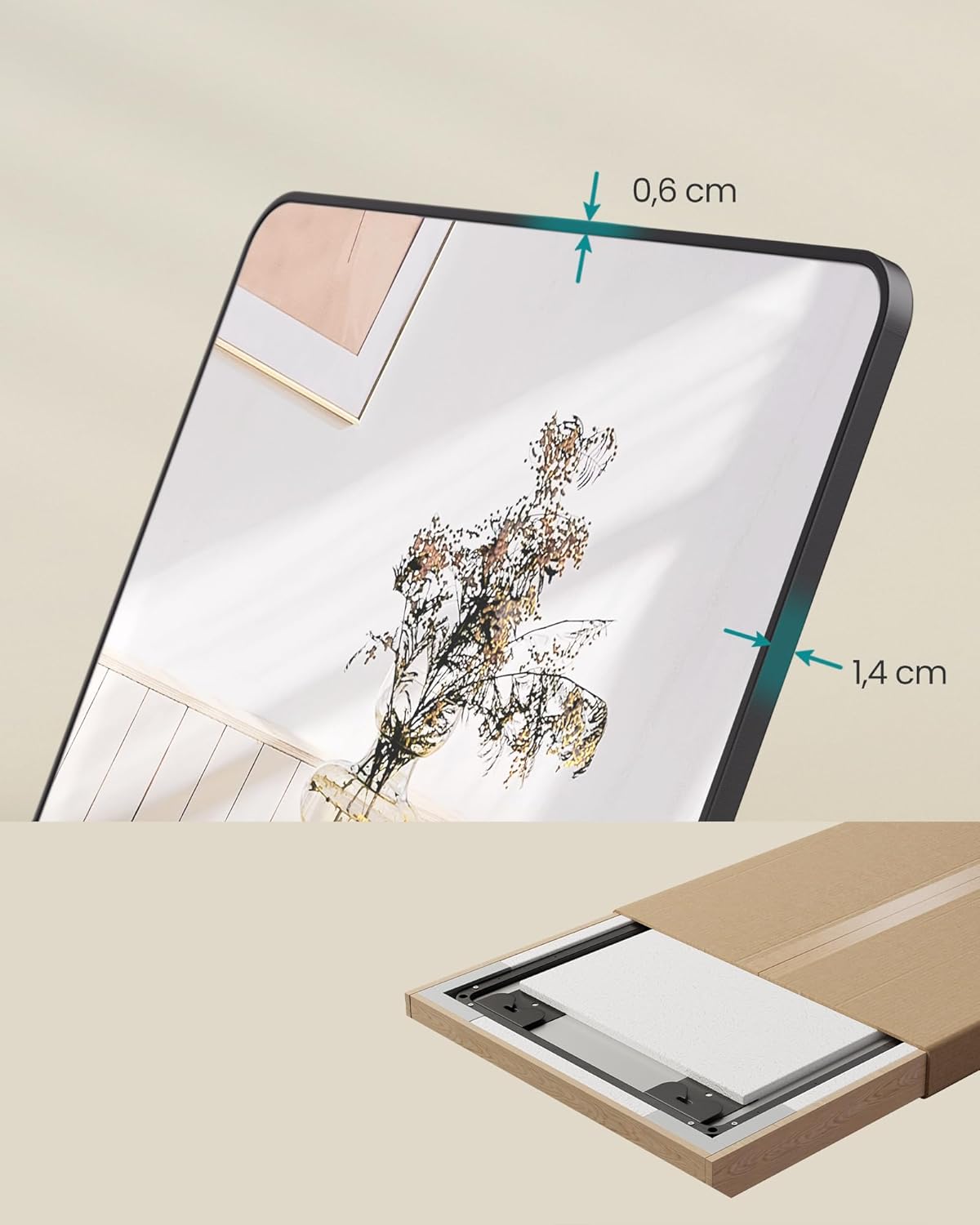 SONGMICS Oglinda mare de perete sau usa, rama aluminiu si sticla securizata, 120x40 cm, negru
