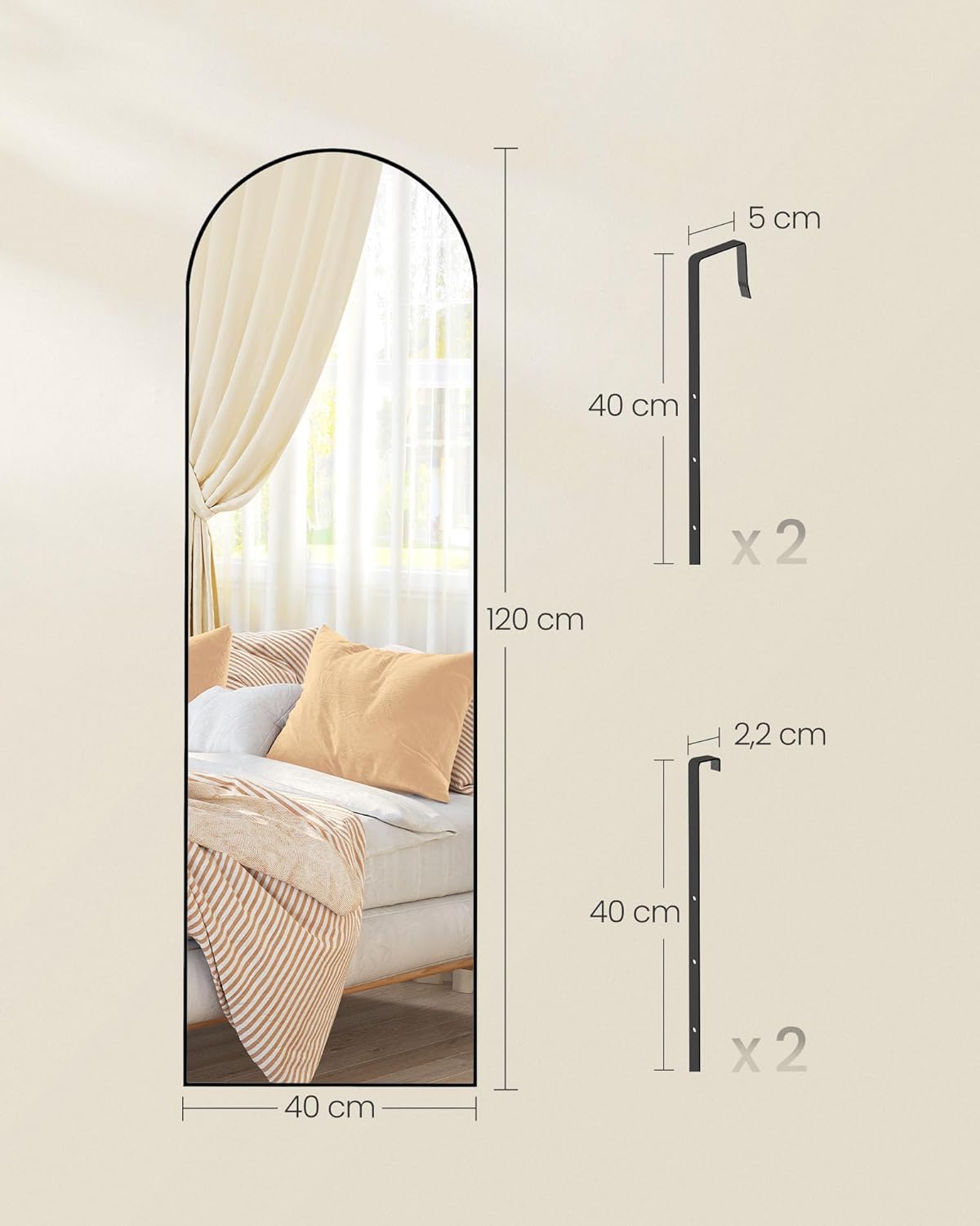SONGMICS Oglinda decorativa cu rama curbata, 120x40 cm, montaj pe perete sau usa, negru