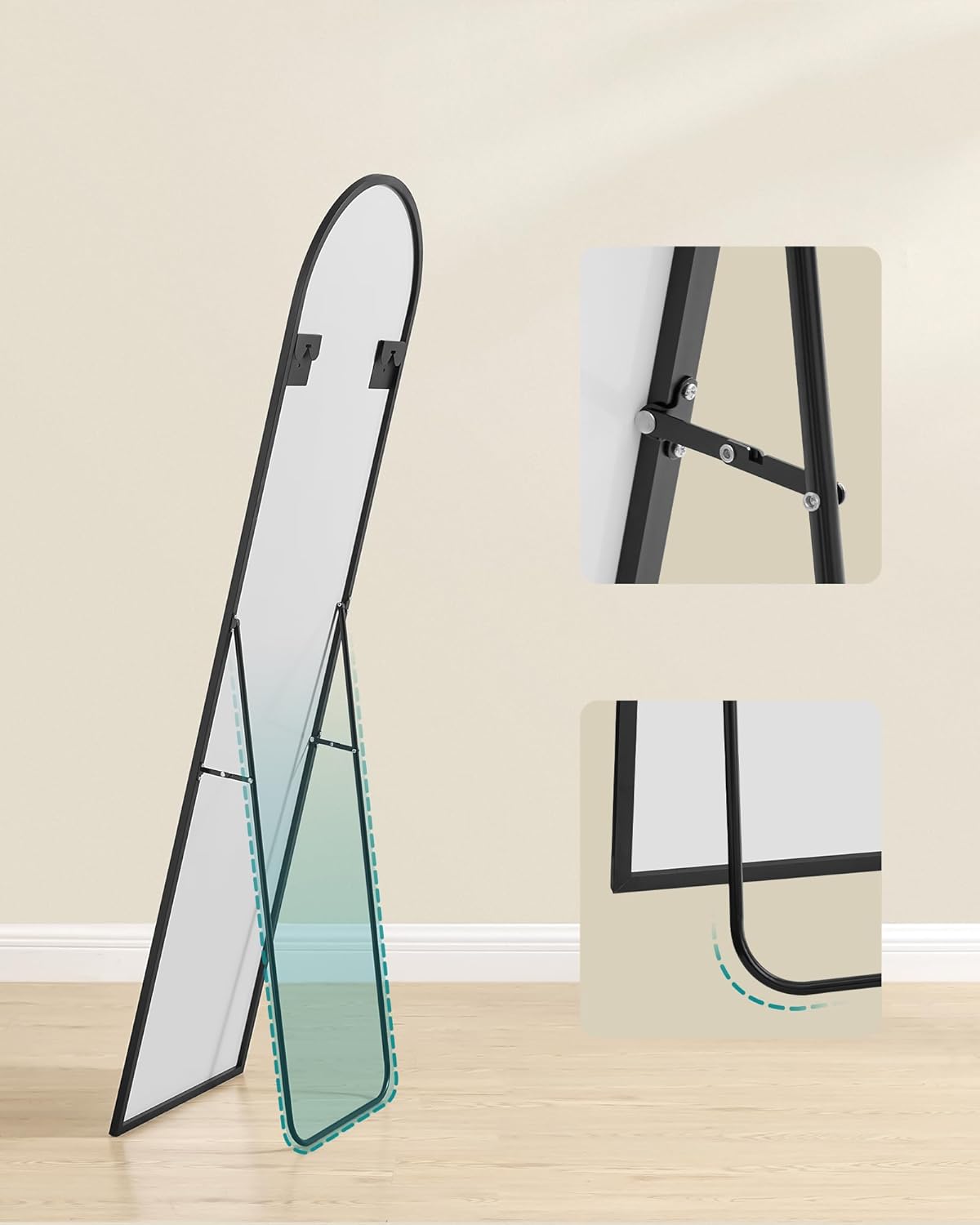 SONGMICS Oglinda podea, cu rama aluminiu si sticla securizata, design curbat, 150x40 cm, negru