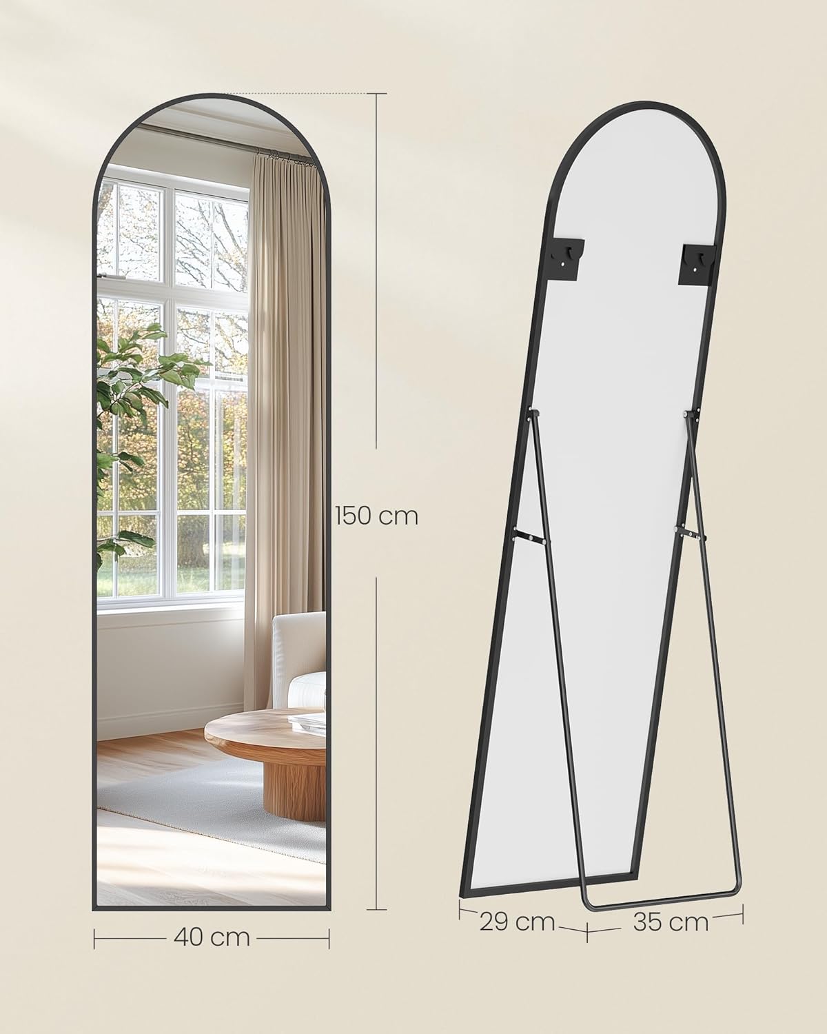SONGMICS Oglinda podea, cu rama aluminiu si sticla securizata, design curbat, 150x40 cm, negru