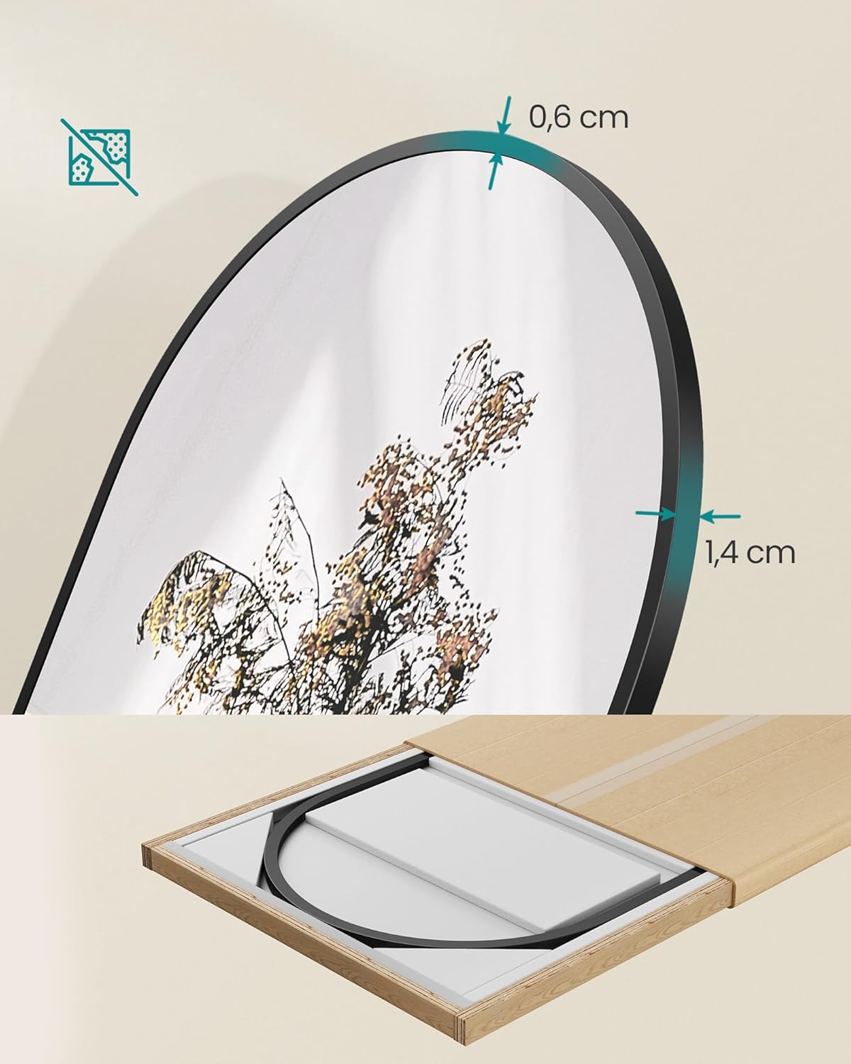 SONGMICS Oglinda podea, cu rama aluminiu si sticla securizata, design curbat, 150x40 cm, negru