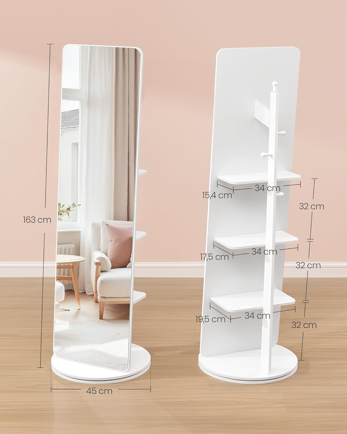 SONGMICS Oglinda inalta rotativa 360°, 2 in 1 cu rafturi si cuier in spate, MDF, sticla securizata, 45x45x163 cm, alb