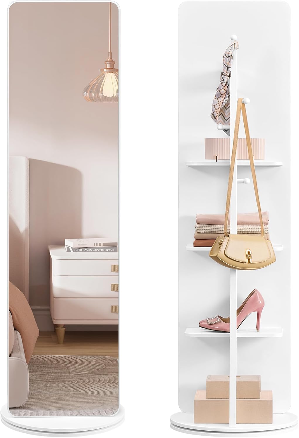 SONGMICS Oglinda inalta rotativa 360°, 2 in 1 cu rafturi si cuier in spate, MDF, sticla securizata, 45x45x163 cm, alb